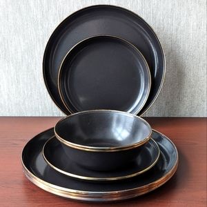 Set Barebones Enamel Charcoal Plates and Bowls (8 pieces total)